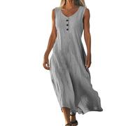 Leinenkleid Damen Sommerkleid Elegant Lang Freizeitkleider Atmungsaktiv Strandkleid V Ausschnitt A-Linien Boho Kleid Lässig Urlaubskleid Baumwolle und Leinen Maxikleid Dress(#G Gray,S)