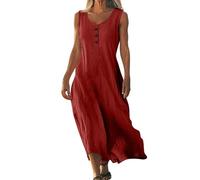 Leinenkleid Damen Sommerkleid Elegant Lang Freizeitkleider Strandkleid V-Ausschnitt A-Linien Boho Kleid Lässig Urlaubskleid Baumwolle und Leinen Hawaiikleidung Maxikleider Dress(#C Wine,XXL)