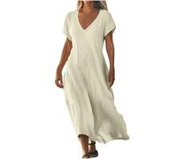 Leinenkleid Damen Sommerkleid Elegant Lang Freizeitkleider Strandkleid V-Ausschnitt A-Linien Boho Kleid Lässig Urlaubskleid Baumwolle und Leinen Hawaiikleidung Maxikleider Dress(#D Beige,XL)