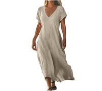 Leinenkleid Damen Sommerkleid Elegant Lang Freizeitkleider Strandkleid V-Ausschnitt A-Linien Boho Kleid Lässig Urlaubskleid Baumwolle und Leinen Hawaiikleidung Maxikleider Dress(#B Khaki,M)