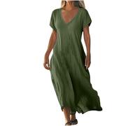 Leinenkleid Damen Sommerkleid Elegant Lang Freizeitkleider Strandkleid V-Ausschnitt A-Linien Boho Kleid Lässig Urlaubskleid Baumwolle und Leinen Hawaiikleidung Maxikleider Dress(#A Army Green,XL)
