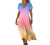 Leinenkleid Damen Sommerkleid Elegante Lang Freizeitkleider Atmungsaktiv Strandkleid V Ausschnitt A-Linie Boho Kleid Lässig Urlaubskleid Baumwolle und Leinen Hawaiikleid Maxikleider Dress(#C Pink,XL)