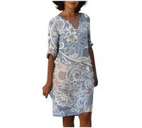 Leinenkleid Damen V-Ausschnitt 3/4 Ärmel Sommerkleid A-Linie Leinenkleider Baumwolle Leinen Knielang Sommer Kleid Blusenkleid Freizeitkleid Strandkleider,03 Hellgrau,S