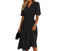 Leinenkleid, Kleid Damen Leinenkleid Sommer Midikleid Einfarbig V-Ausschnitt Kurzarm Strandkleid Freizeitkleider Leicht Luftig A Linie Sommerkleider Partykleid Hohe Taille Wickelkleid (Schwarz, M)