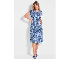 Leinenkleid mit Alloverdruck & Bindegürtel blau 40