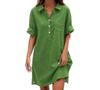 Leinenkleider Damen Einfarbig Musselin Kleid V-Ausschnitt Freizeitkleider Elegant Casual Kurzarm Sommerkleid Knielanges Leinenkleid mit Taschen (Light Green, XXXXXL)