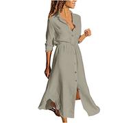 Leinenkleider Damen Leinenkleider Knopfleiste Revers Style Blusenkleid Leinen Kleider Langarm Leinen Kleider Casual Langes Kleid Kaftan Kleid Schicke Strandkleid Leicht und Luftig Freizeitkleid