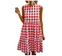 Leinenkleider Damen Sommer Kariertes Baumwollkleid mit Rundhalsausschnitt Etuikleid Kleid Rot Damen Festlich A-Linie Kleid Sommerkleider Freizeitkleider Vintage Baumwolle Leinen Kleider