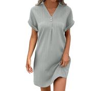 Leinenkleider Damen Sommer, Musselin Kleid Damen Sommer Falten Leinen Kleider V-Ausschnitt Luftige Tunika Freizeitkleid Einfarbige mit Knöpfen Lässiges Kurzarm Sommerkleid Leicht Boho Strandkleider