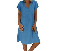 Leinenkleider Damen Sommer,V Ausschnitt A Linie Kurzarm Partykleid Midikleid Sommer Elegant Knielang Leinen Kleider Sommerkleid Lockeres Leichte Boho Große Größen Knielanges Kleid Freizeitkleid