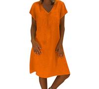 Leinenkleider Damen Sommer,V Ausschnitt A Linie Kurzarm Partykleid Midikleid Sommer Elegant Knielang Leinen Kleider Sommerkleid Lockeres Leichte Boho Große Größen Knielanges Kleid Freizeitkleid