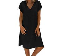 Leinenkleider Damen Sommer,V Ausschnitt A Linie Kurzarm Partykleid Midikleid Sommer Elegant Knielang Leinen Kleider Sommerkleid Lockeres Leichte Boho Große Größen Knielanges Kleid Freizeitkleid