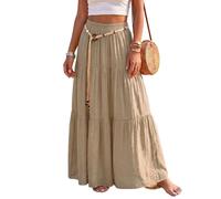 Leinenoptik Maxirock Damen Boho Elastischer Bund Locker Leicht Freizeitrock Strand Urlaub Khaki L