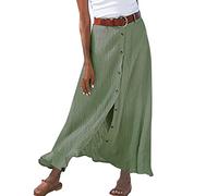 Leinenrock Damen Lang A-Linie Rock Hohe Taille Weicher Dehnbarer Maxirock Langer Luftiger Sommerrock mit Knopf Frauen Freizeitrock Mode Boho Strandrock