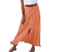 Leinenrock Damen Lang A-Linie Rock Hohe Taille Weicher Dehnbarer Maxirock Langer Luftiger Sommerrock mit Knopf Frauen Freizeitrock Mode Boho Strandrock