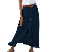 Leinenrock Damen Lang A-Linie Rock Hohe Taille Weicher Dehnbarer Maxirock Langer Luftiger Sommerrock mit Knopf Frauen Freizeitrock Mode Boho Strandrock