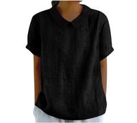 leinenshirt Damen leichte Sommer-Tunika Bluse große größen Einfarbig Baumwoll Leinen Revers Kurzarm Musselin Tunika Summer Tops Tshirt(Schwarz, XL)