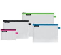Leitz 4er-Set WOW Traveller Zip-Beutel, Transparent, Ideal zur Organisation, Wasserabweisend, Größe: S (pink), M (schwarz), L (grün) und die Kosmetiktasche (blau), 40160099