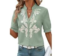 LEKOPUR Damen Boho Bluse mit weißer Stickerei 100% Baumwolle 3/4 Arm - Oberteile Damen Elegant V-Ausschnitt Festliche Oberteil für Party Outfit Tunika Damenblusen