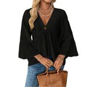 LEKOPUR Schwarz Bluse Damen 100% Baumwolle 3/4 Ärmel Oberteile Elegant Frühling Sommer V-Ausschnitt Festliches Oberteil Damenblusen Outfit Rüschenbluse Kleidung Herbst