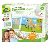 Lena 42625 - Bastelset Stickbild Pferd, Komplettset mit Stickrahmen, stumpfer Nadel aus Metall, Wollgarn, Stickgitter mit Vordruck und Anleitung, für Kinder ab 6 Jahre, Set zum Sticken lernen, bunt
