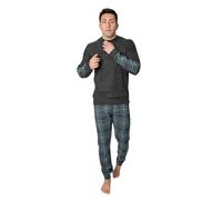 Leo Corsetteria Herren-Schlafanzug, lang, Plüsch, Winter, warm, Rundhalsausschnitt, mit Knöpfen, Tasche, Bündchen, Avio, Größe S, dunkelgrau, L