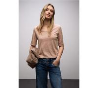 Kurzarmshirt STREET ONE, Damen, Gr. 38, light apricot, Jersey, Obermaterial: 50% Baumwolle, 50% Modal, tailliert hüftbedeckend, V-Ausschnitt, Shirts, mit Leo-Print (27157337-38) light apricot