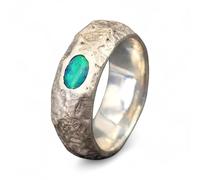 LeoLars-PABE Structure Design Lightning Ridge Opal Ring, Gr. 55-56 (17,7), aus 925er Silber, mit brilliantem grünen Opalfeuer, Ring mit angeschmolzener Oberflächen Struktur, Unikat, Handarbeit