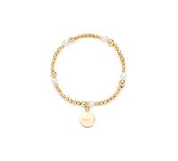 Leonardo Jewels Armband Mathilde, elastischer Arm-Schmuck aus goldfarbenen Edelstahl-Perlen, Imitationsperlen und Münzplättchen, 19,5 cm Länge, 024275