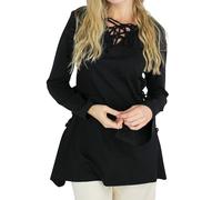 Leonardo Carbone® Damen Bluse Geschnürtes Oberteil Lea Mit Kapuze | Lange Kapuze | Asymmetrischer Schnitt | Karneval, Halloween, Cosplay, LARP, Tunika, Mittelalter | 100% Baumwolle Schwarz L