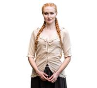 Leonardo Carbone® Damen Bluse Kurzarm-Rüschenbluse Bea | Raffinierte Schnürung | Verzierende Rüschen | Karneval, Halloween, Cosplay, LARP, Mittelalter, Kostüm | 100% Baumwolle Hanf XS