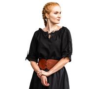 Leonardo Carbone® Damen Bluse Mittelalter Kurzarmbluse Sandra | Verstellbarer Kordelzug | Elegante Spitzenverzierung | Karneval, Halloween, Cosplay, LARP, Tunika, Hemd | 100% Baumwolle Schwarz XL