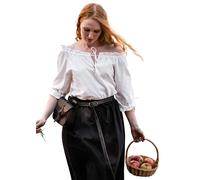Leonardo Carbone® Damen Bluse Mittelalter Kurzarmbluse Sandra | Verstellbarer Kordelzug | Elegante Spitzenverzierung | Karneval, Halloween, Cosplay, LARP, Tunika, Hemd | 100% Baumwolle Natur 3XL