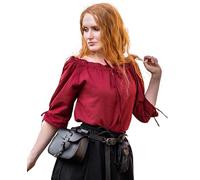 Leonardo Carbone® Damen Bluse Mittelalter Kurzarmbluse Sandra | Verstellbarer Kordelzug | Elegante Spitzenverzierung | Karneval, Halloween, Cosplay, LARP, Tunika, Hemd | 100% Baumwolle Rot XS