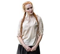 Leonardo Carbone® Damen Bluse Mittelalter Kurzarmbluse Sandra | Verstellbarer Kordelzug | Elegante Spitzenverzierung | Karneval, Halloween, Cosplay, LARP, Tunika, Hemd | 100% Baumwolle Hanf S