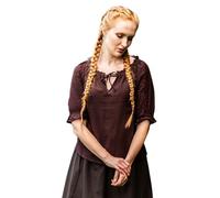 Leonardo Carbone® Damen Bluse Mittelalter Kurzarmbluse Sandra | Verstellbarer Kordelzug | Elegante Spitzenverzierung | Karneval, Halloween, Cosplay, LARP, Tunika, Hemd | 100% Baumwolle Dunkelbraun L