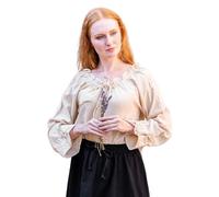 Leonardo Carbone® Damen Bluse Mittelalterbluse Bettina | Rüschen-Décolleté | Spitzenakzente | Karneval, Halloween, Cosplay, LARP, Tunika, Hemd, Kostüm | 100% Baumwolle Hanf M
