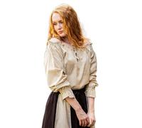 Leonardo Carbone® Damen Bluse Mittelalterbluse Edith | Offenschulterig | Rüschenärmel | Karneval, Halloween, Cosplay, LARP, Kostüm, Mittelalter, Festkleidung | 100% Baumwolle Hanf XS