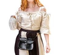 Leonardo Carbone® Damen Bluse Trägerbluse Prina | Verstellbare Träger | Schnürung Vorne | Karneval, Halloween, Cosplay, LARP, Mittelalter, Wikinger, Kostüm | Baumwolle Natur M