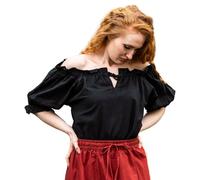 Leonardo Carbone® Damen Bluse Verena | Kordelzug Dekolleté | Rüschenärmel | Karneval, Halloween, Cosplay, LARP, Mittelalter, Wikinger, Kostüm, Tunika | 100% Baumwolle Schwarz XL