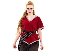 Leonardo Carbone® Damen Bluse Wikinger Tunika Matilda | V-Ausschnitt Mit Bordüre | Integrierter Gürtel | Karneval, Halloween, Cosplay, LARP, Tunika, Oberteil, Kostüm | 100% Baumwolle Rot S