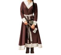 Leonardo Carbone® Damen Kleid Jorunn | V-Ausschnitt Mit Stickerei | Karneval, Halloween, Cosplay, LARP, Wikinger, Mittelalter | 100% Baumwolle Braun/Natur S
