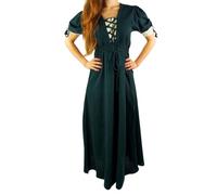 Leonardo Carbone® Damen Kleid Sommerkleid | V-Ausschnitt Mit Schnürung | Weit Schwingender Rock | Karneval, Halloween, Cosplay, LARP, Mittelalter, Wikinger | 100% Baumwolle Grün/Natur XL