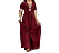 Leonardo Carbone® Damen Kleid Sommerkleid | V-Ausschnitt Mit Schnürung | Weit Schwingender Rock | Karneval, Halloween, Cosplay, LARP, Mittelalter, Wikinger | 100% Baumwolle Rot/Natur S