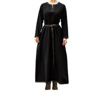 Leonardo Carbone® Damen Kleid Wikinger Unterkleid Helga | Aufwendige Stickereien | Fließende Silhouette | Karneval, Halloween, Cosplay, LARP, Mittelalter, Wikinger | 100% Baumwolle Schwarz XL
