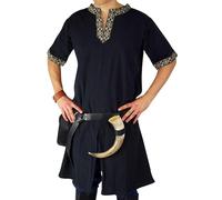 Leonardo Carbone® Kurzarm Tunika Richard - Mittelalter Kleidung Herren, Mittelalter Hemd, Freizeithemden Kurzarm, Karneval Kostüm Herren, Wikinger Tunika, LARP Kleidung - 100% Baumwolle Schwarz 2XL