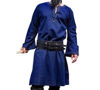 Leonardo Carbone® Tunika mit Bordüre Halvor - Mittelalter Kleidung Herren, Mittelalter Hemd, Freizeithemden Langarm, Karneval Kostüm, Wikinger Tunika, LARP Kleidung - 100% Baumwolle Blau M