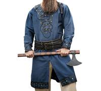 Leonardo Carbone® Wikinger Tunika Erik ? Mittelalter Kleidung Herren, Freizeithemden Kurzarm, Karneval Kostüm, Wikinger Tunika, LARP-Kleidung - 100% Baumwolle mit Leder Applikationen Dunkelblau XL