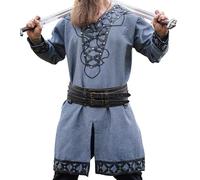Leonardo Carbone® Wikinger Tunika Erik ? Mittelalter Kleidung Herren, Freizeithemden Kurzarm, Karneval Kostüm, Wikinger Tunika, LARP-Kleidung - 100% Baumwolle mit Leder Applikationen Blaugrau XXL