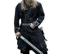 Leonardo Carbone® Wikinger Tunika Erik ? Mittelalter Kleidung Herren, Freizeithemden Kurzarm, Karneval Kostüm, Wikinger Tunika, LARP-Kleidung - 100% Baumwolle mit Leder Applikationen Schwarz M
